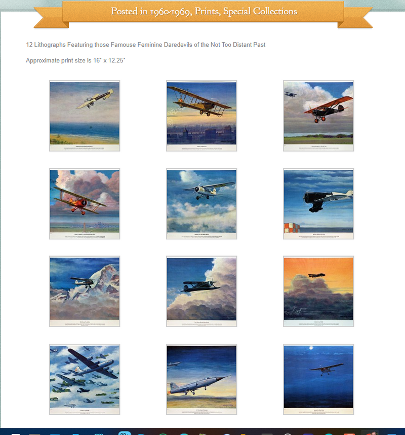 A collage of twelve vintage aviation lithographs featuring airplanes in various flight scenarios, each with a colorful sky backdrop. The images are titled “Feminine Daredevils of the Not Too Distant Past.”.