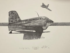 A limited edition black and white aviation art print featuring a Messerschmitt Me-163B Komet fighter plane offered by Mostly Aviation.