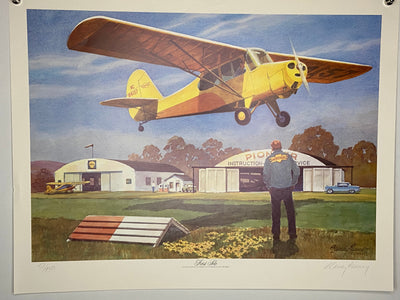 A Limited Edition Lithograph  featuring a man looking at a plane in 