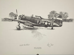 A black and white Aviation Art drawing of a Republic P-47 D Thunderbolt by Max Crace, Limited Edition Print signed by Maj. Walter C. Beckham, offfered by Mostly Aviation.