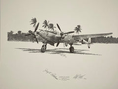 A stunning Aviation Art drawing of a Lockheed P-38 J Lightning plane with palm trees in the background, available from Mostly Aviation.