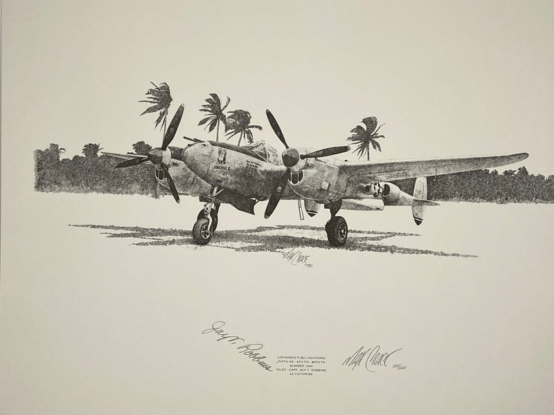 A stunning Aviation Art drawing of a Lockheed P-38 J Lightning plane with palm trees in the background, available from Mostly Aviation.