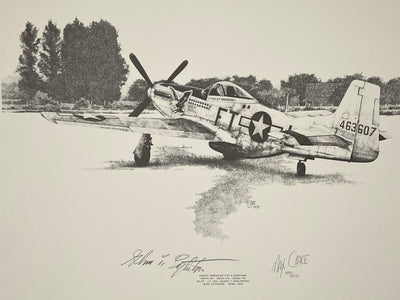 A limited edition print of a black and white drawing by Max Crace featuring a North American P-51 D Mustang fighter plane, signed by Lt. Col. Glenn T. Eagleston