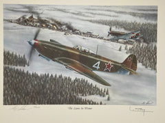 Aviation Art: "Lions in Winter", a limited edition lithograph signed by Roland de la Poype, featuring Yak-9s flying in the snow, brought to you by Mostly Aviation