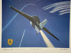 Aviation art painting of the Jagdgeschwader 400, Messerschmitt ME-163 Komet available at Mostly Aviation, signed by Wolfgang Spate and Rudolf Opitz, flying