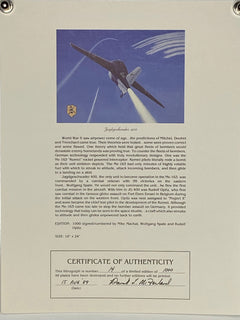 A certificate of authenticity featuring a picture of the Jagdgeschwader 400, Messerschmitt ME-163 Komet by Mike Machet, signed by Wolfgang Spate and Rudolf Opitz