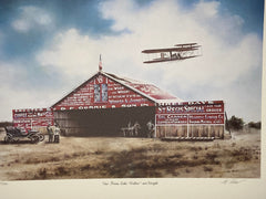 Limited edition aviation art lithograph by Jay Ashurst featuring a biplane flying over a barn titled "Our Prices Like 'Wilber' are Wright.