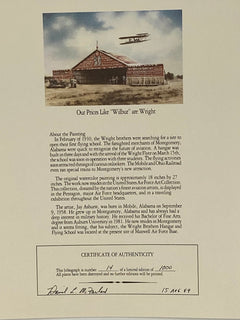 A Limited Edition Lithograph of a plane flying over a building, featuring Prices Like "Wilber" are Wright, brought to you by Mostly Aviation. Certificate of Authenticity