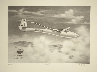 A black and white Limited Edition Aviation Art Lithograph of H301B Libelle Glasflugel Sailplane signed and numbered by Mike Merchat, flying through the clouds.