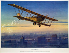 A collection of aviation prints featuring biplanes soaring above bustling cities.