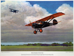 A painting of aviation prints showcasing famous feminine daredevils from the past, including a biplane in the sky.