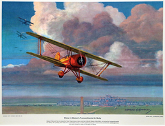 A collection of 12 aviation prints featuring famous feminine daredevils flying over a city, created by Mostly Aviation.