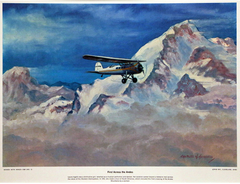 Aviation Prints: A collection of 12 lithographs featuring America's Women With Wings, famous feminine daredevils of the not too distant past, by Charles H. Hubbell flying over a mountain